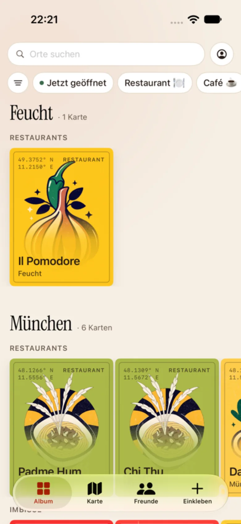 Die App mit Suchfeld und gespeicherten Orten, nach Stadt sortiert